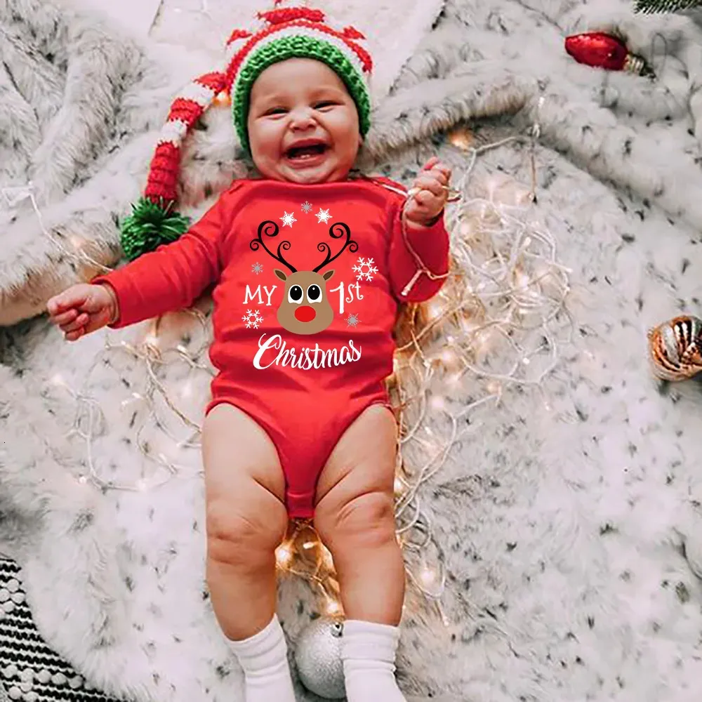 Macacão meu primeiro natal nascido bebê bodysuits roupas corda criança menina vermelho longo curto macacão presente 231115