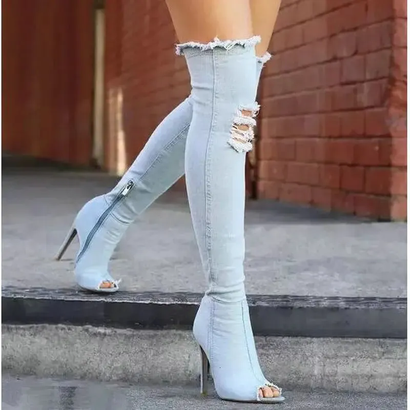 Boots Fashion Autumn Women High Heels thigh high boots Female Shoes Over The Knee Peep Toe Cowboy Denim shoes 785 231116