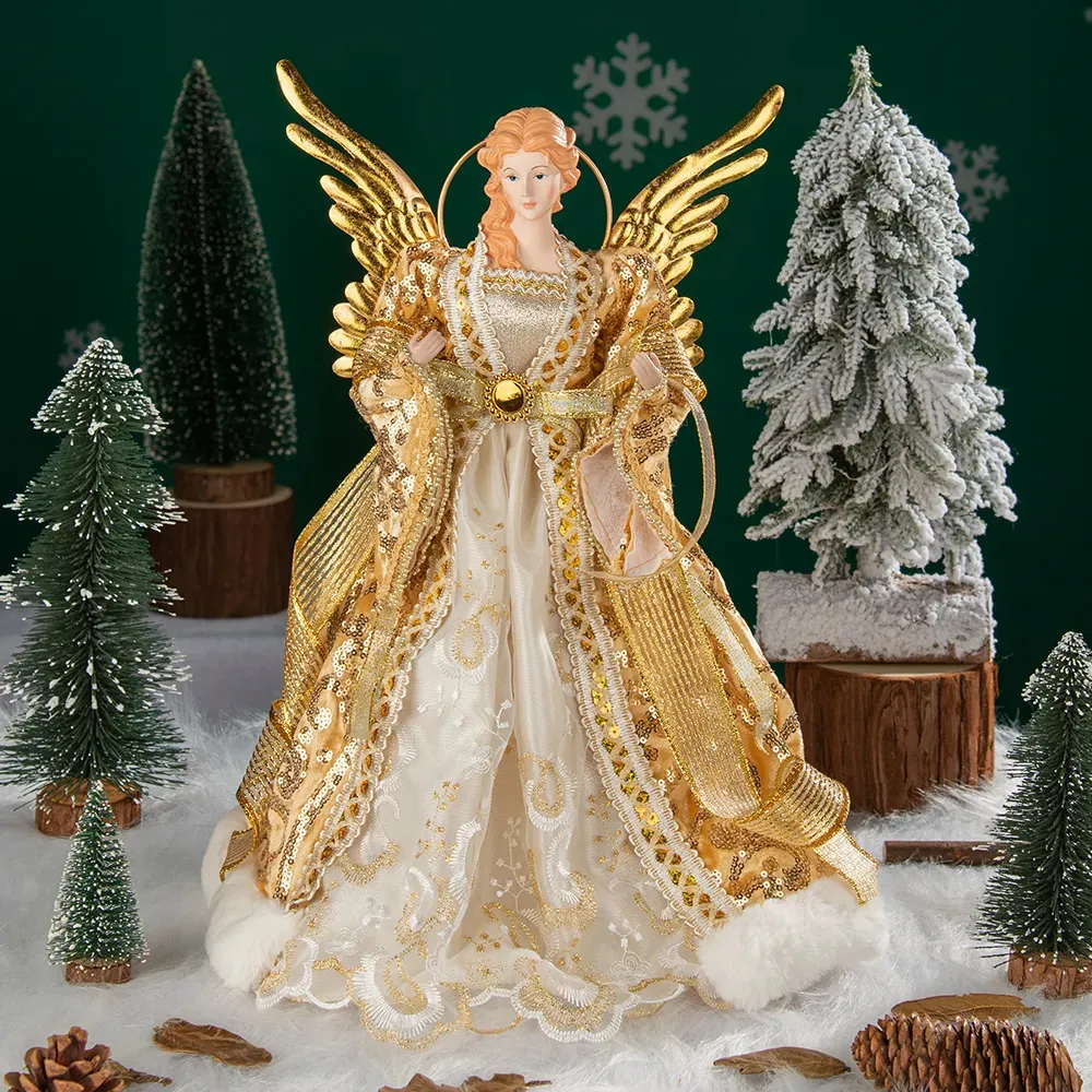 Decorações de Natal Enfeites de anjo para árvore de Natal Top Gold Angel Christmas Tree Topper Decorações de Natal douradas para jardim Quintal Cafe Desk Decor 231116