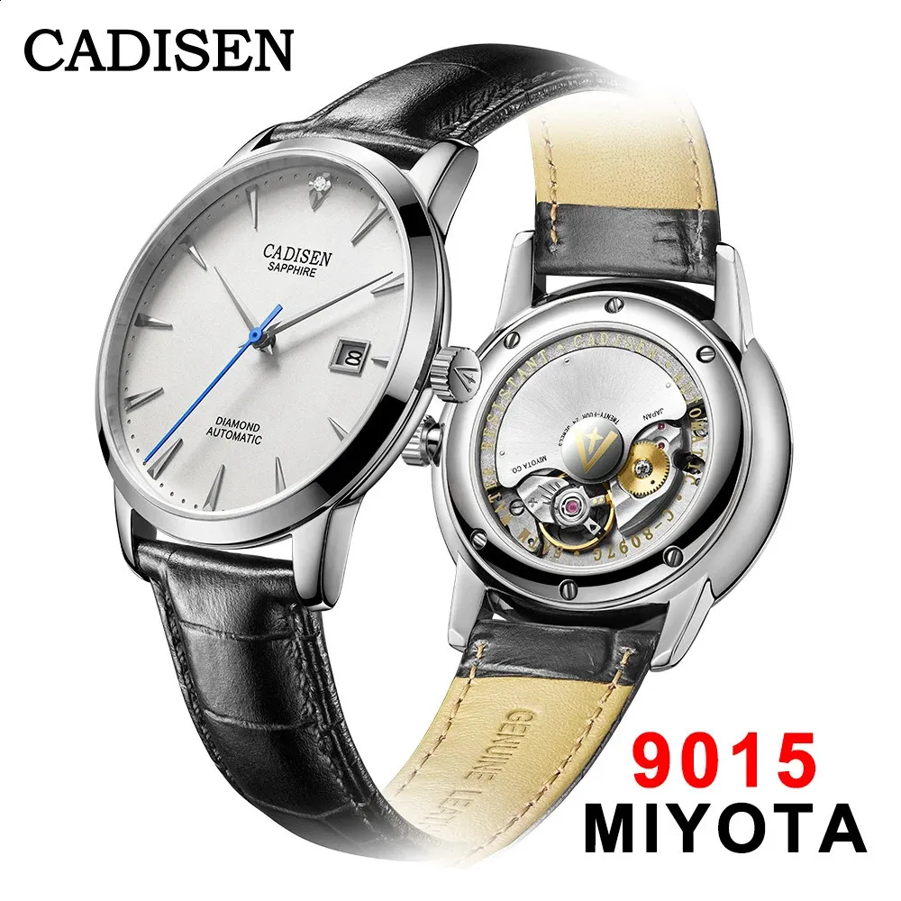 Andra klockor Cadisen Men Automatic Mechanical Wrist Watch Miyota 9015 Top Brand Luxury Real Diamond Curved Sapphire Glass Clock 231116