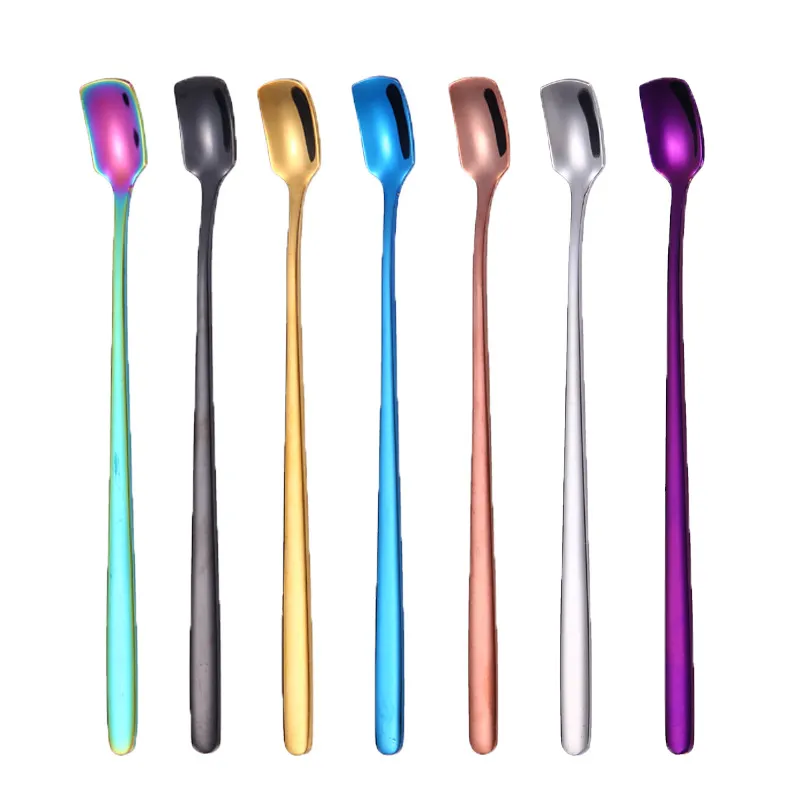 Wholesale Stainless Steel Spoons Square Head Ice Spoon 17CM Long Handle Stirring Coffee Scoops Home Kitchen Bar Tableware