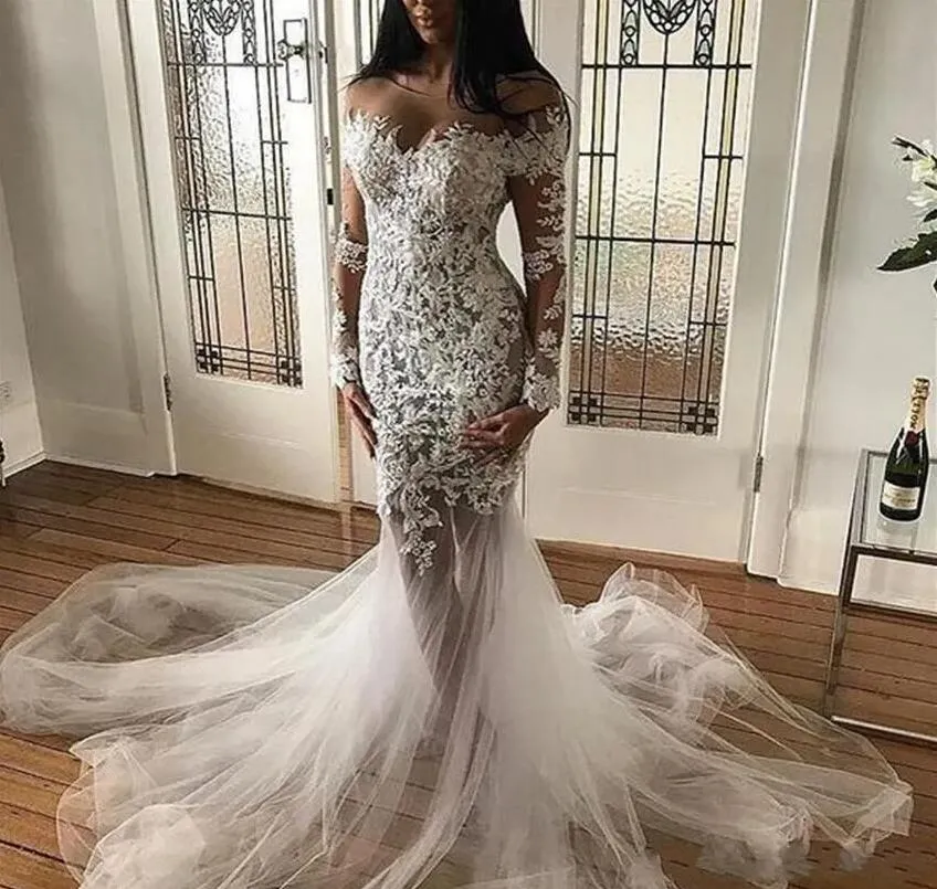 Abiti da sposa Abiti da sposa Applicazioni in pizzo Sirena Maniche lunghe Collo gioiello Illusione Maniche in pizzo trasparente Abiti da sposa