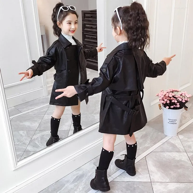 Manteau d'hiver Trench en Faux cuir pour filles, vêtements pour enfants, vestes noires avec coupe-vent Long à Double boutonnage de 3 à 13 ans