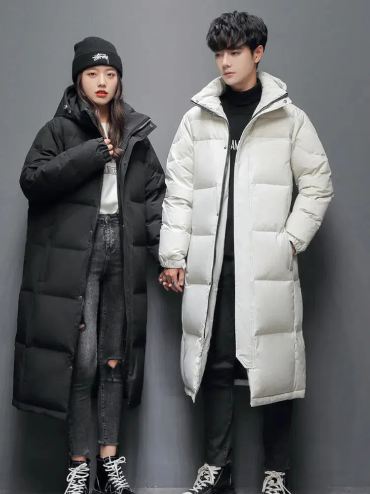 Parkas pour hommes Veste d'hiver pour hommes et femmes, manteau Long épais avec capuche, vêtements d'extérieur de qualité droite, Parkas de mode pour couples coréens 231116