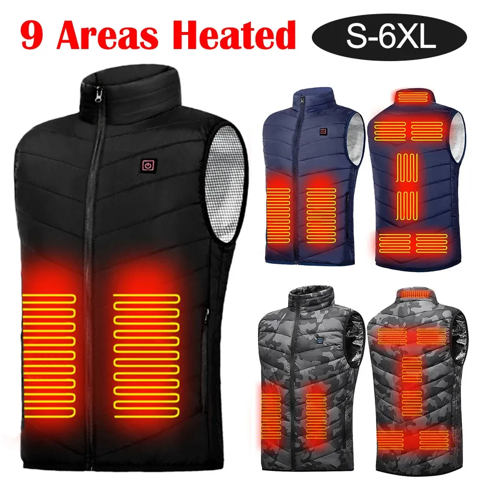 Gilets pour hommes Gilet chaud thermique 9 zones de chauffage USB gilet de chauffage électrique intelligent avec poche à glissière hommes femmes vêtements de sport manteau chauffant pour le camping 231115