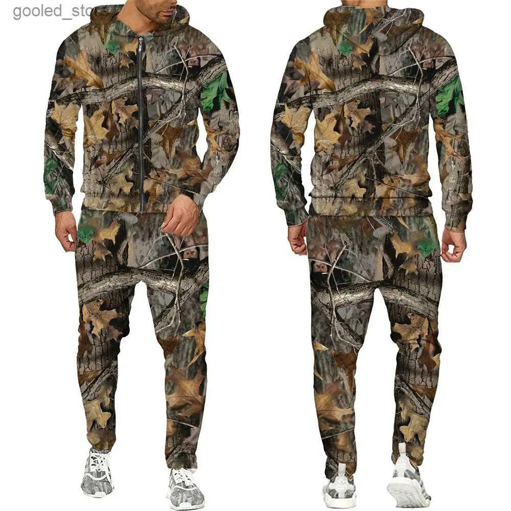 Męskie dresy jesienne i zimowe liście klonu kamuflaż 3D Tracki zamków błyskawicznych mężczyzn na świeżym powietrzu na kemping zestawy polowań unisex streetwearu q231117