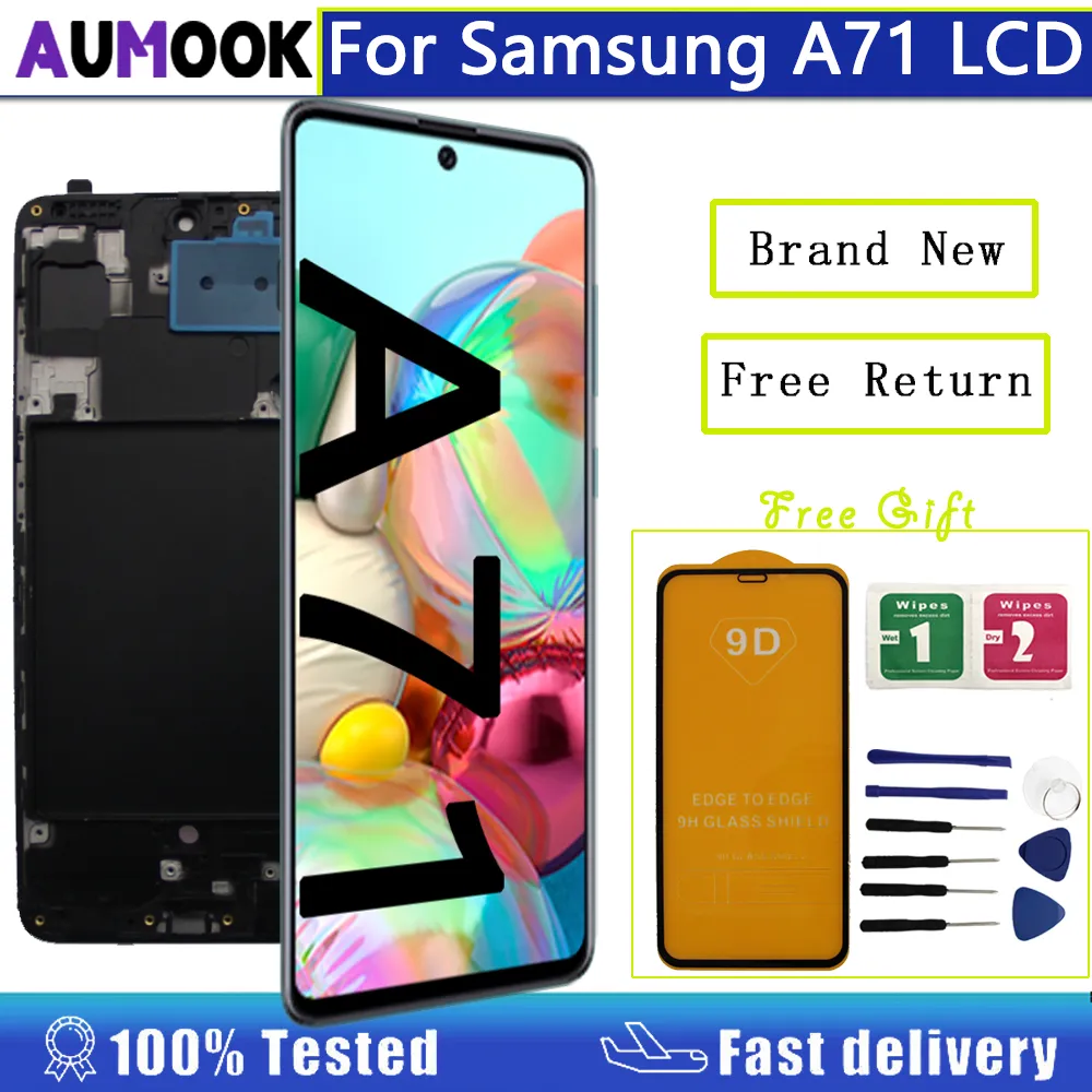 6.7 "Samsung A71 LCDディスプレイタッチスクリーンデジタイザーアセンブリスーパーアモレッドLCDのSM-A715 A715Fディスプレイ代替部品のフレーム付きスーパーアモレッドLCD