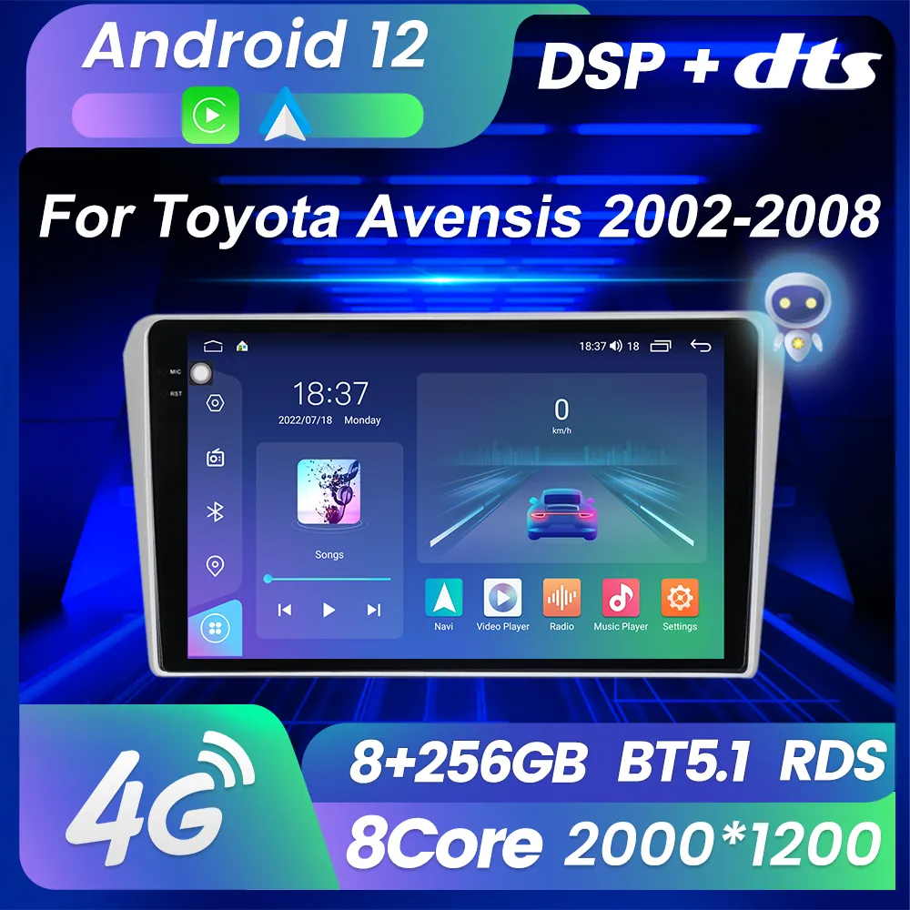 Android 12 Car DVD Radio Carplay RDS Qled 2000x1200 8g 256g لـ Toyota Avensis 2002-2008 Multimedia Video Player DSP 2Din