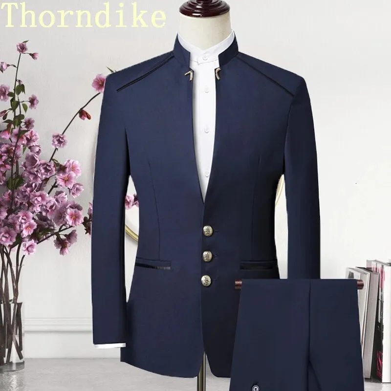 Męskie garnitury Blazery Thorndike Men Suit Chiński styl stojak blezer męski ślub groom szczupły dopasowanie standerd blazer zestaw TuxedOjacketpant 231116