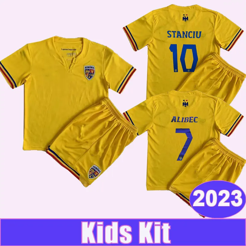 2023 Romênia STANCIU Kids Kit Camisas de futebol ALIBEC STANCIU Home Amarelo Criança Terno Camisas de futebol Uniformes