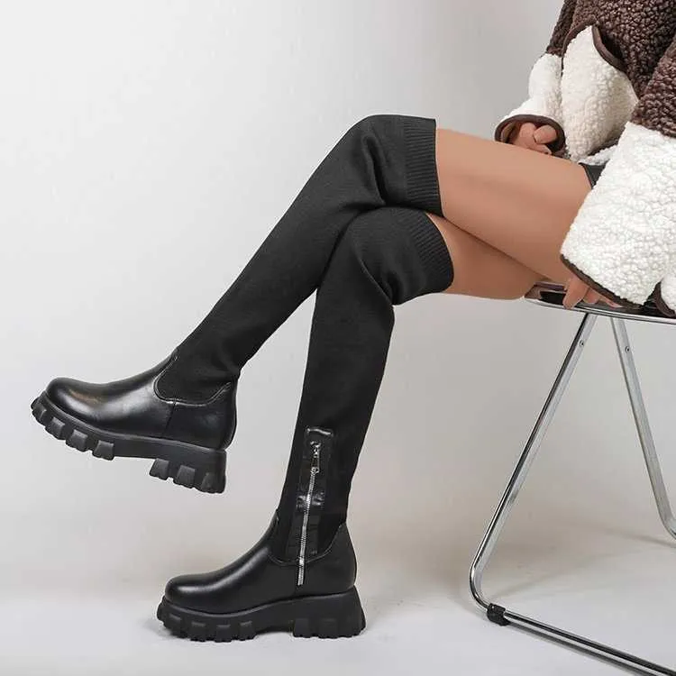 Bot örme diz uzunluğu elastik botlar Sonbahar kış yeni içi boş moda zayıflama yün çorap kadınlar için