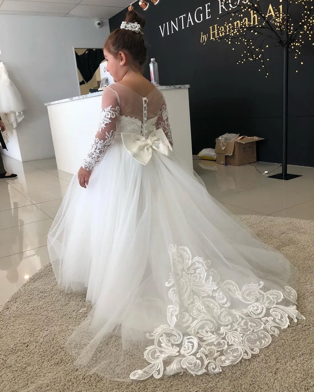 vestido de fiesta Girl Dress Lace Tulle Bows Children`s First Communion Wedding Dress Princess Ball Gown Party Dress