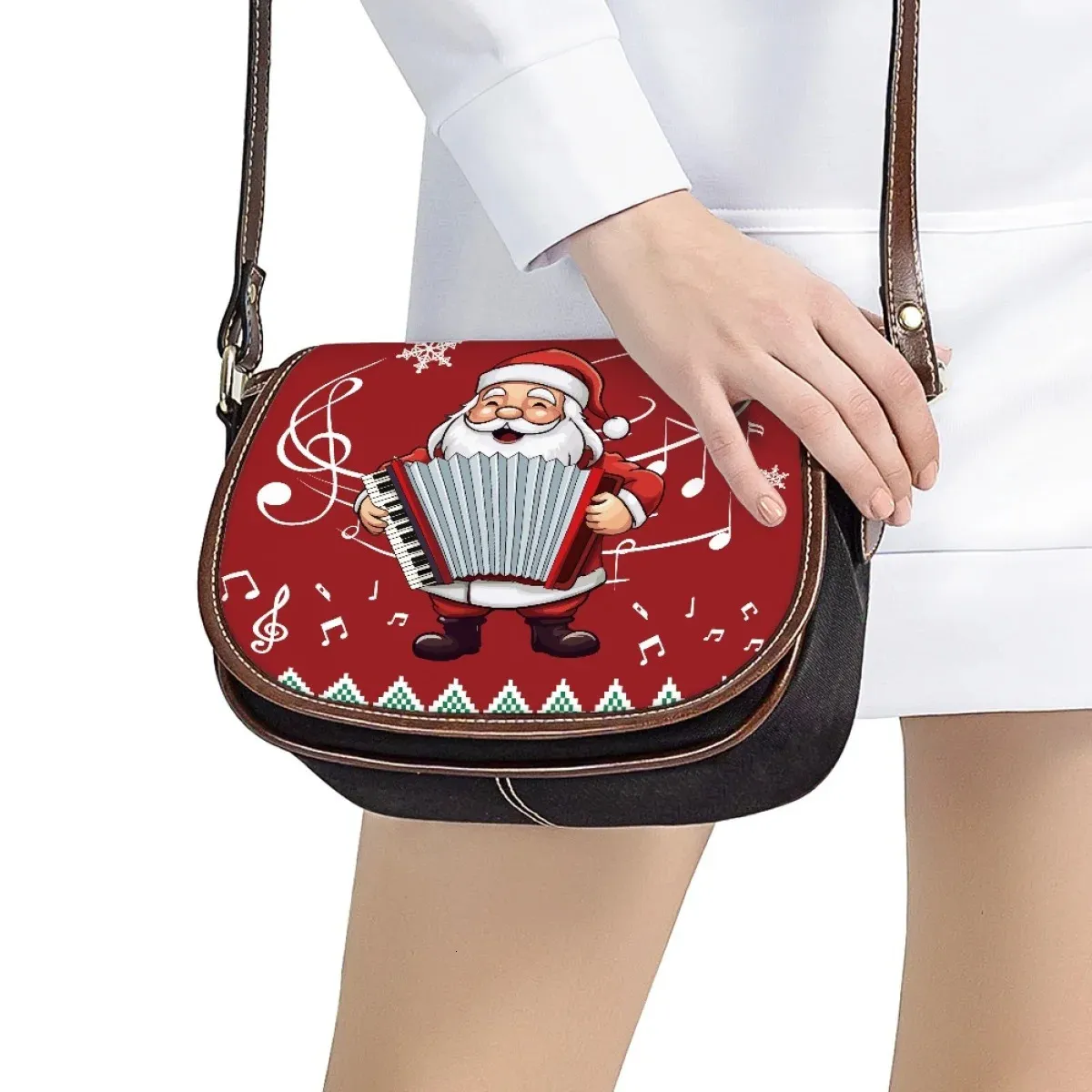 Sacs de soirée Noisydesigns Santa Claus Note de musique imprime des sacs de messager pour les femmes en cuir Pu femme 2024 joyeux Noël rouge sac à main livraison directe 231116