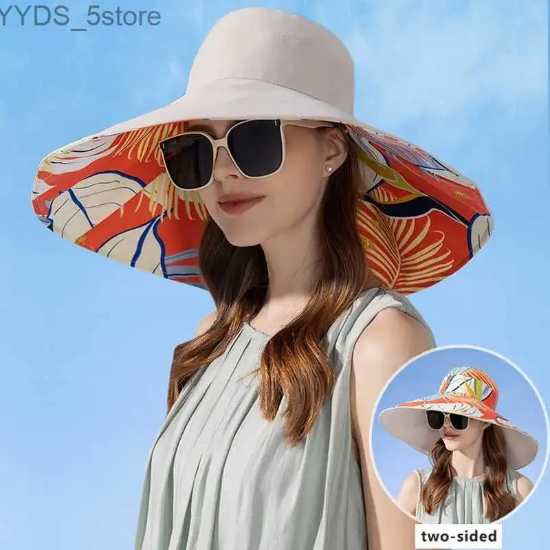 Wide Brim Hats Chapeaux de Seau 18cm Grand Bord Femmes Chapeau de Soleil De Luxe Double Face Portable Plante Impression Coton Seau Cap Léger Respirant Haut D'été Chapeau YQ231116