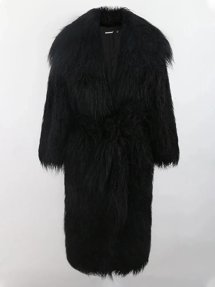 Women's Fur Faux Nerazzurri Winter Long White Black Hairy Shaggy Fluffy Thick Warm Soft Stylish Mongolia Lamb Coat Women Belt Lapel 2023 231115