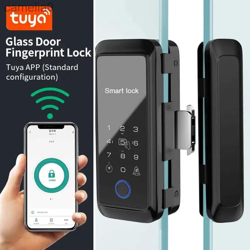 Smart Lock Tuya APP Controllo Serratura in vetro scorrevole Impronta digitale Smart Lock Bluetooth 13,56 Mhz RFID Porta elettronica singola doppia in vetro BoltlockL231116