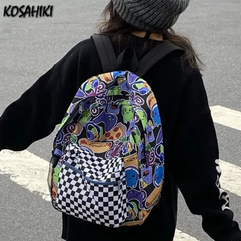 Skolväskor Cartoon Personality Print Women's Trendy Plaid Harajuku Highcapacity School Bags Y2K Streetwear College Studenter Ryggsäckar 231116