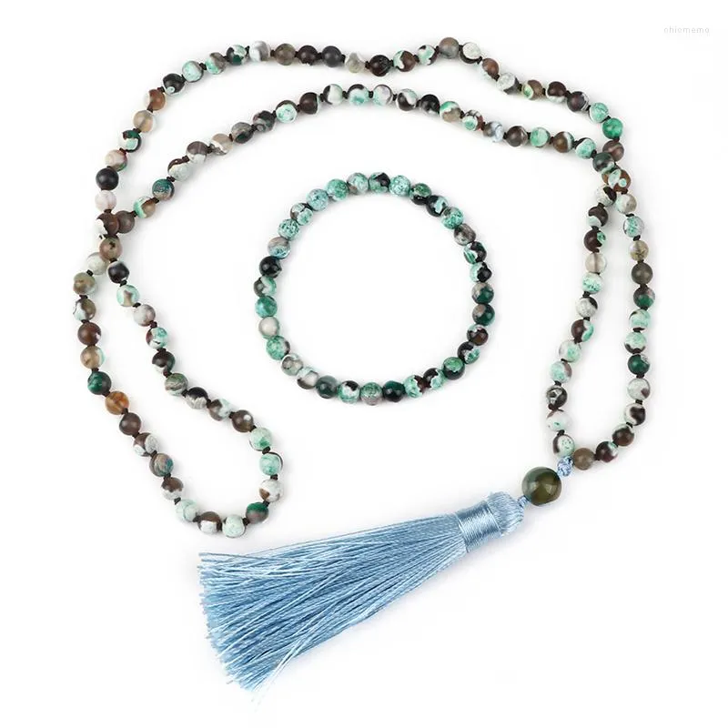 Ketting oorbellen set mode natuurlijke agataten onyx stenen armband voor vrouwen 108 mala kralen geknoopte tassel yoga mannen gebed sieraden