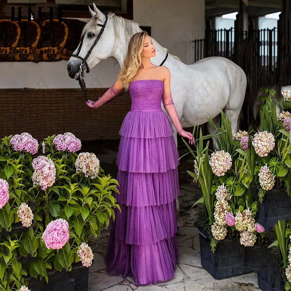 Purple Evening Dresses Strapless Sleeveless Modern Prom Dresses Floor Length A-Line Tulle Zipper Back