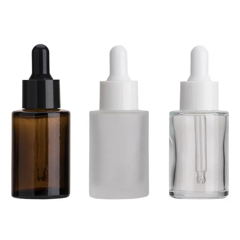 30ML glazen fles platte schouder mat/transparant/amber ronde etherische olie serumflessen met glazen druppelaar cosmetische essentie BJ