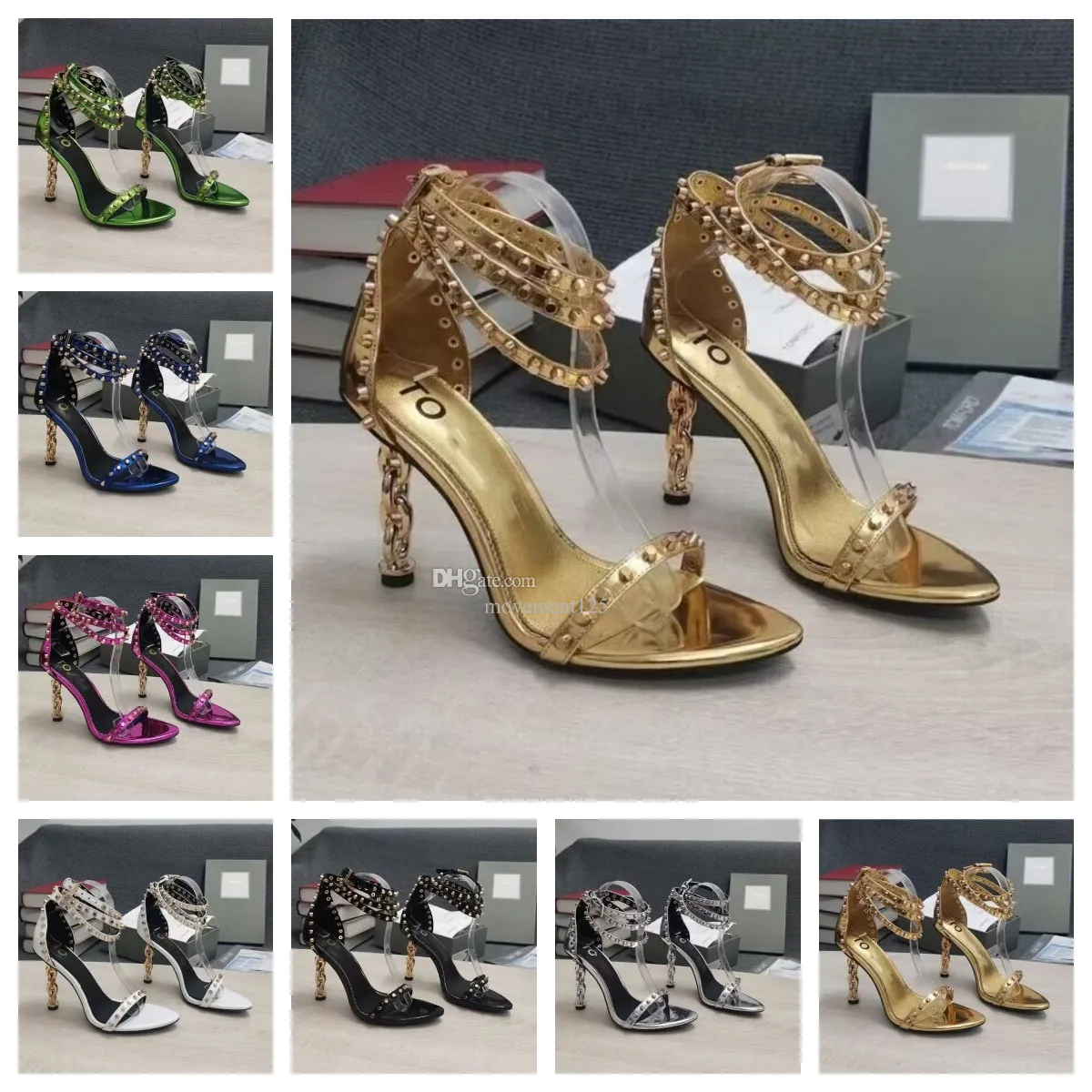 Sandalo donna tom-f- tacchi alti design di marca di lusso scarpe a spillo specchio in pelle e catene con tacco a catena sandali con cinturino alla caviglia scarpe a punta stile lucchetto con scatola 35-43