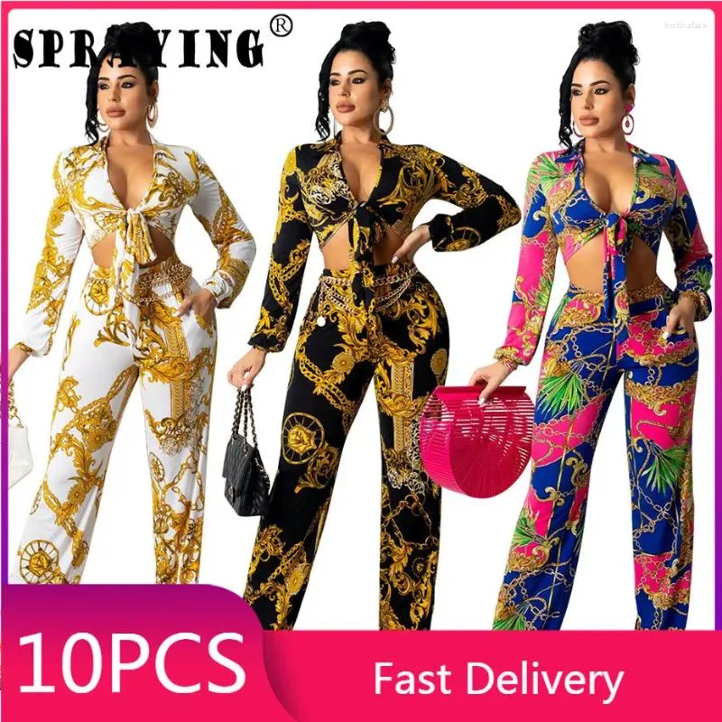 Calças femininas de duas peças 10 conjuntos de roupas de outono para mulheres conjunto de manga comprida cardigan botão treino vintage impressão sexy bandagem atacado s9864