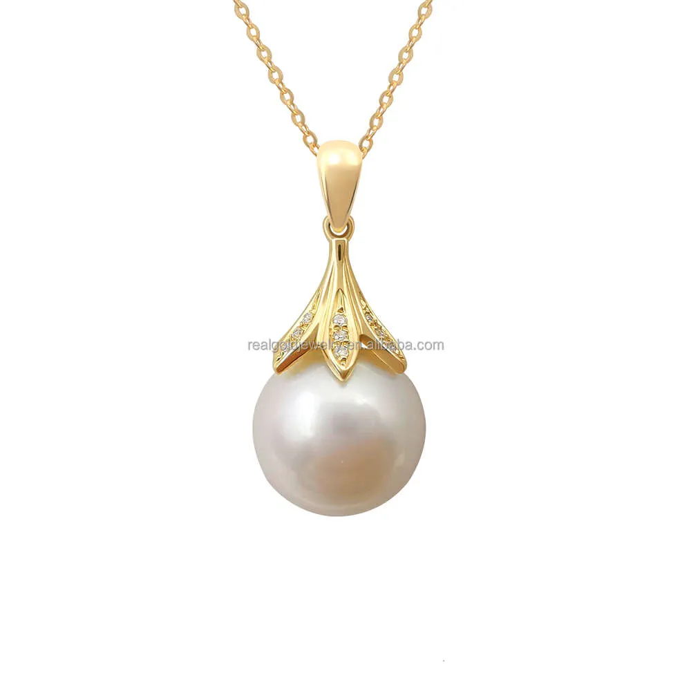 Populär design Pearl Pendant Halsband Verkliga diamanthalsband Fina smycken Kvinnor Bröllop Engagemang Gift Kinesisk guld
