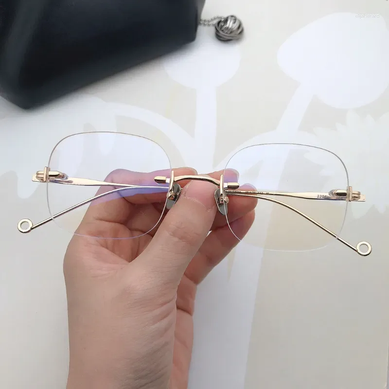 Solglasögon ramar Pure Titanium Rimless Glasses Frame Fashion Ladies Rose Gold Flat Mirror Anti-Blue Recept Myopia