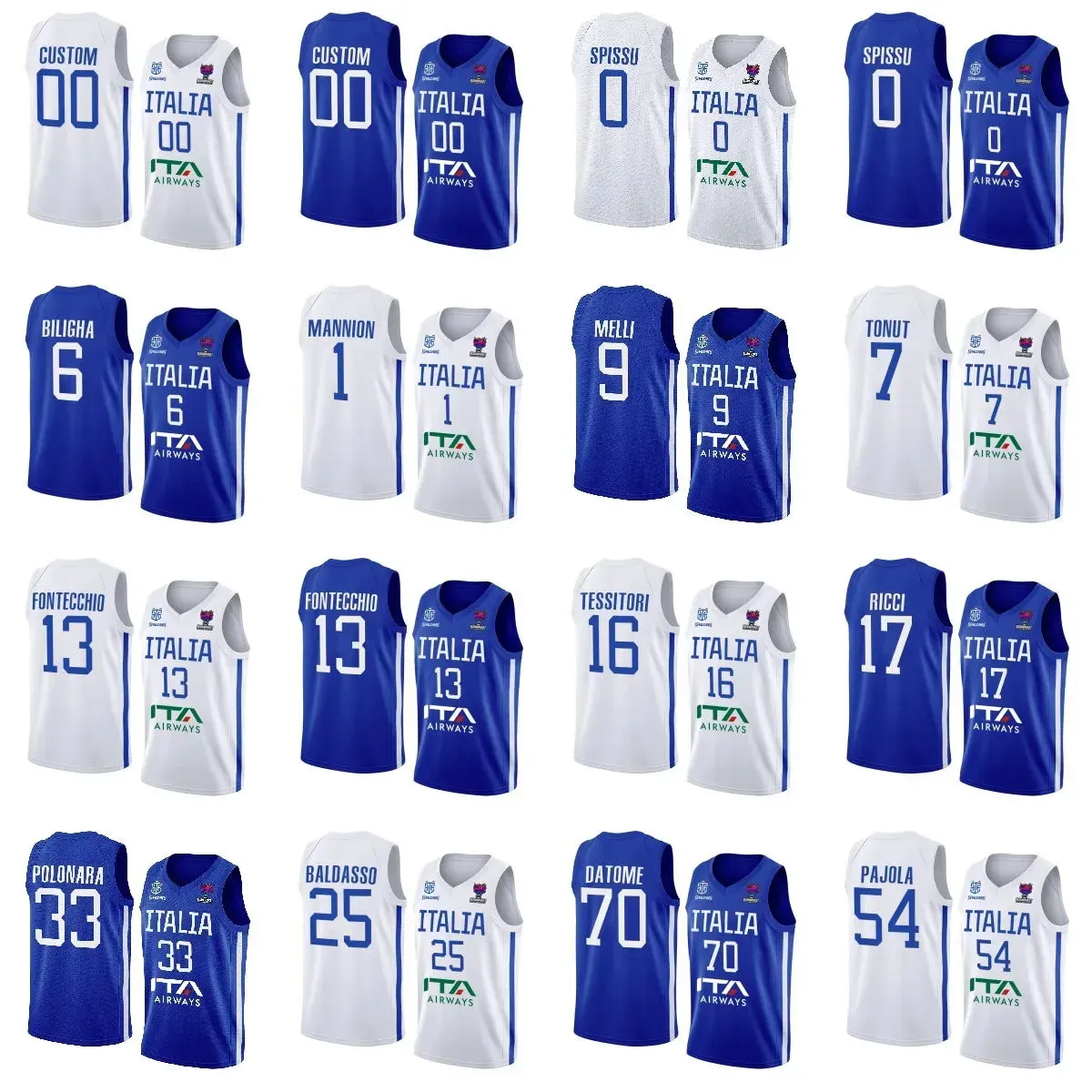 Niestandardowe Włochy wydrukowane Eurobasket 33 Achille Polonara Basketball Jerseys 70 Luigi Datome 25 Tommaso Baldasso 54 Alessandro pola 2023 Blue