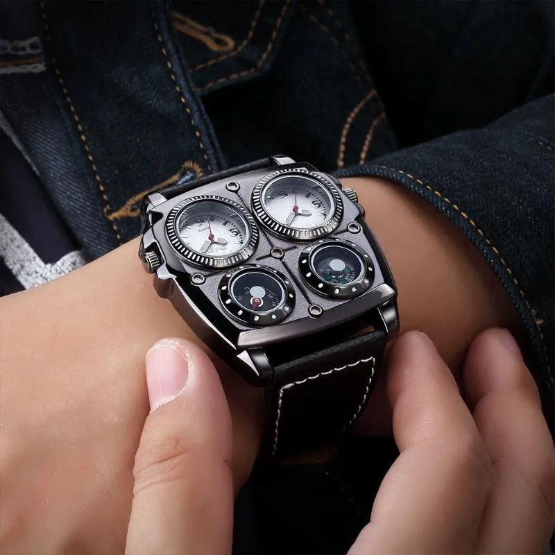 腕時計wart折る1140ドロップメンクォーツウォッチ2つのタイムゾーンアーミースポーツ男性レザーストラップ腕時計ビッグサイズユニークな時計