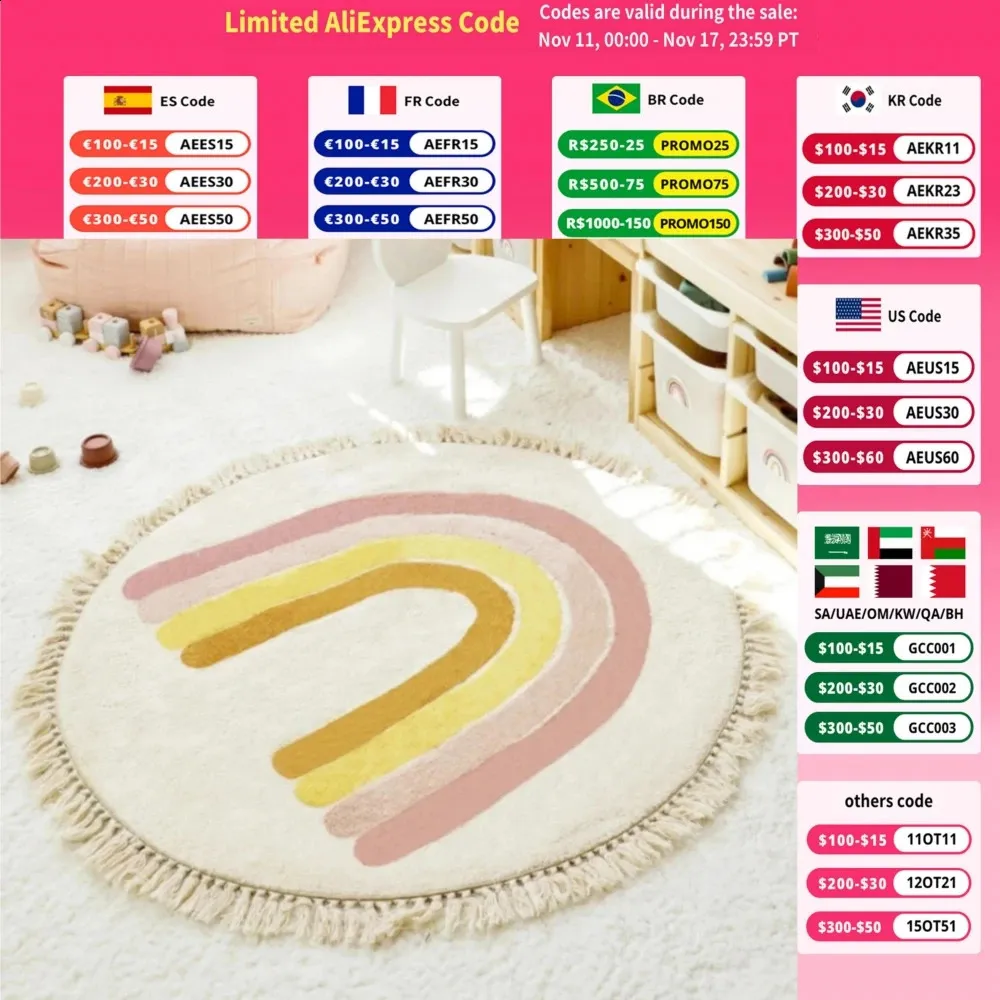 Carpet Machine Washable Tassle Carpet Round Cute Cartoon Rainbow Children Bedroom Fluffy Rug Home Decoration Creativity No Crease Mat 231116