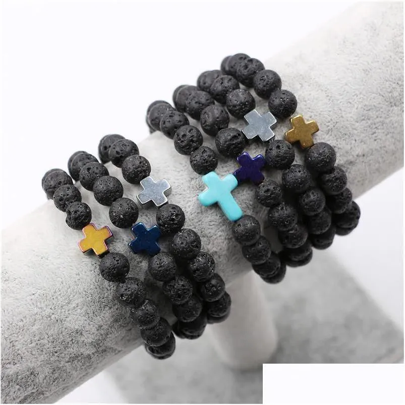 Charm Bracelets Natural Volcanic Lava Stone Cross Bracelet Essential Oil Per Diffuser Bracelets Stretch Yoga Jewelry Drop De Dhgarden Dhvdz