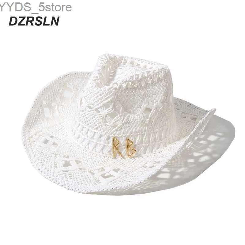 Breda breim hattar hink hattar designer lyx sommar sol hatt för kvinnor vita cowboy hattar mode ihåliga hattar breda brim strandhattar utomhus hatt yq231116