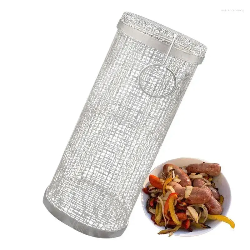 Cesta para asar herramientas, estante de barbacoa enrollable de acero inoxidable, parrilla redonda a prueba de fugas para acampar, accesorios para Picnic