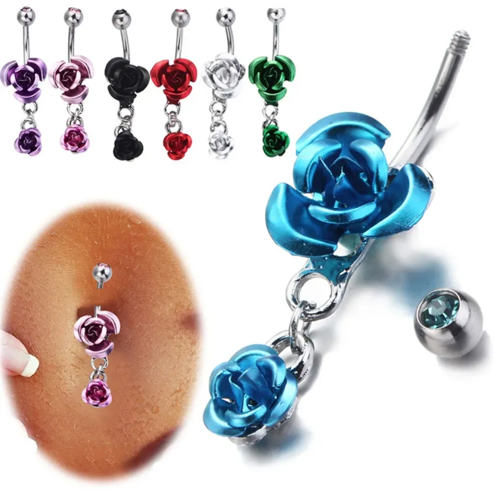 Hypoallergene Bauchnabelringe aus rostfreiem Stahl Kristall Rose Blumenkörper Piercing Bar Jewlery für Frauen Bikini Mode Navel Rings LL