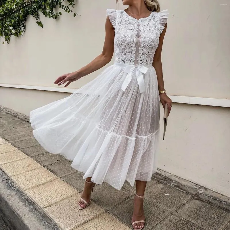 Sukienki swobodne Kobiety Summer Elegancka duża sukienka na przyjęcie weselne Białe rękawowe koronkowe eleganckie eleganckie falbany plisowane długie vestido