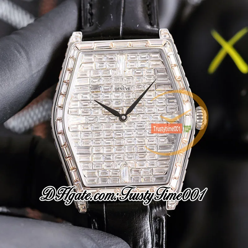 TWF Malte con pavé di diamanti baguette quadrante A21j orologio automatico da uomo ghiacciato taglio baguette lunetta con diamanti cinturino in pelle nera gioielli Super Edition trustytime001Orologi