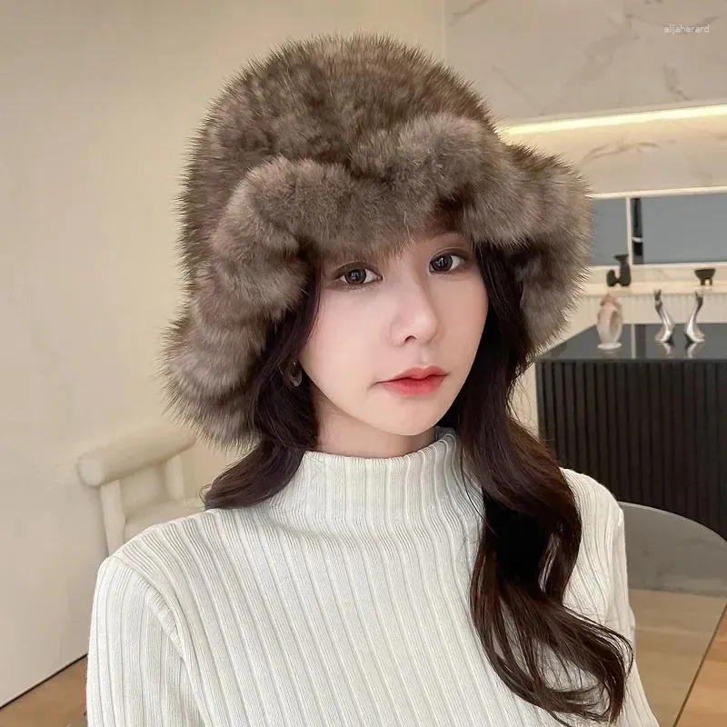 Berets Hat Women's Winter Warm Fur Elegant Temperament Mink Hair Fisherman Pot