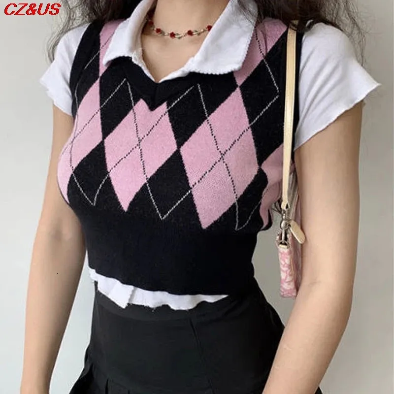 Damesvesten Modevest Herfst V-hals Tops Vintage Argyle Trui Voor Vrouwen Roze Mouwloos Plaid Gebreid Vest Casual 231116