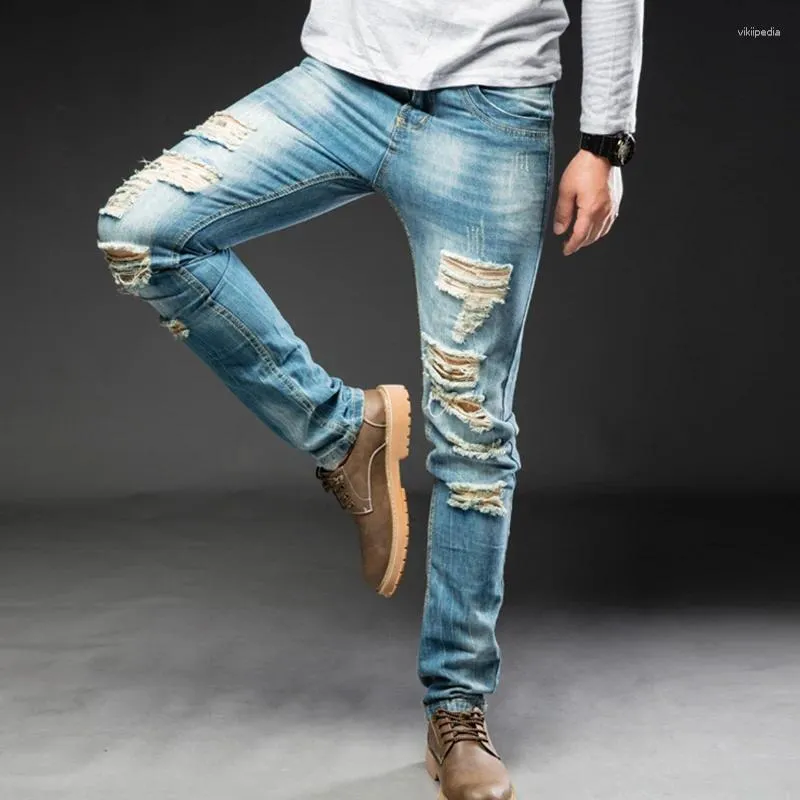 Jeans pour hommes Hommes Mode Casual Slim Denim Pantalon Biker Trou Hip Hop Élastique Grande Taille Tendance Mâle