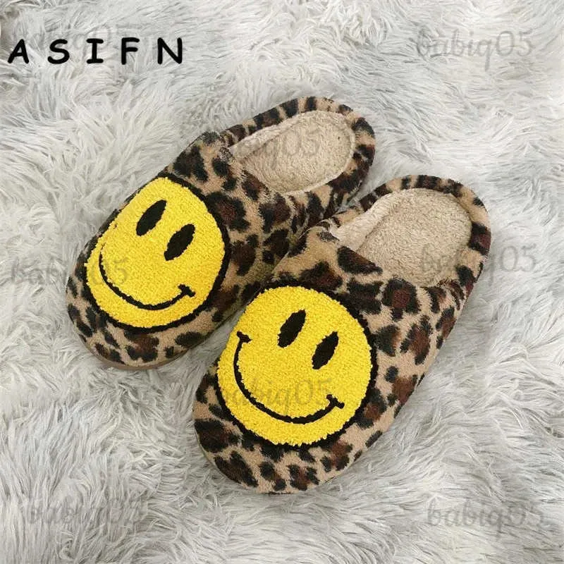 Slippers ASIFN Vrouwen Gezicht Slippers Pluizige Huis Slipper Schattig Luipaard Print Cadeau voor haar Fleece Platte Schoen Dames Indoor Muilezels T231116