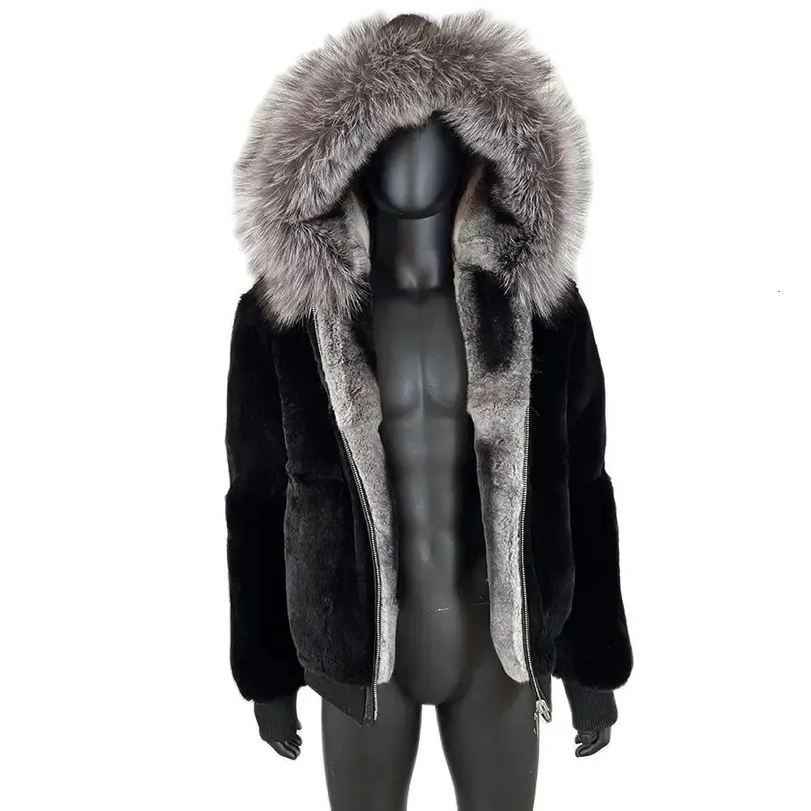 Men 'sfurfauxfurmenrabbitfurcoatwintershortrealrexjacketwithhoodblackcoatschinchilla231115