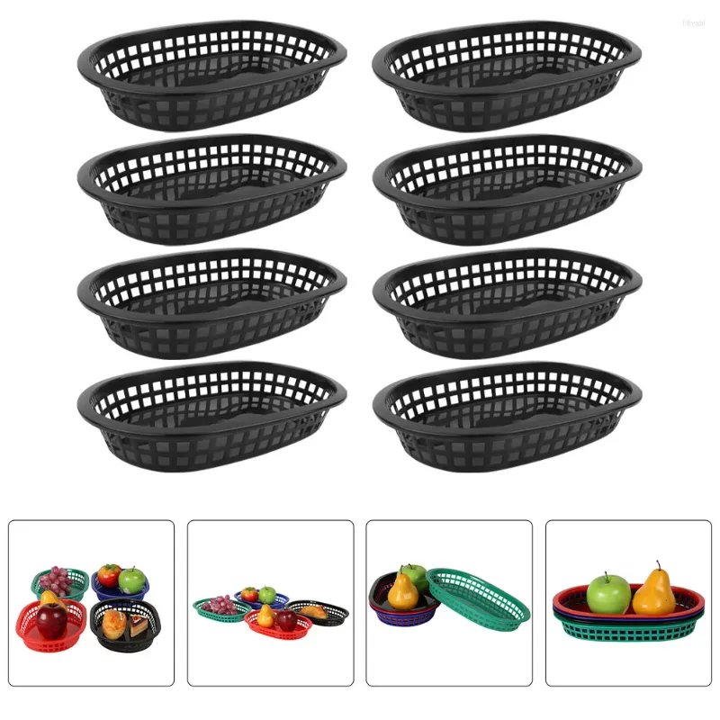 Set di stoviglie 12 pezzi Vassoi decorativi Snack Cestino di plastica Nero Servire panini Biscotto a forma ovale Frutta Patatine fritte Hamburger