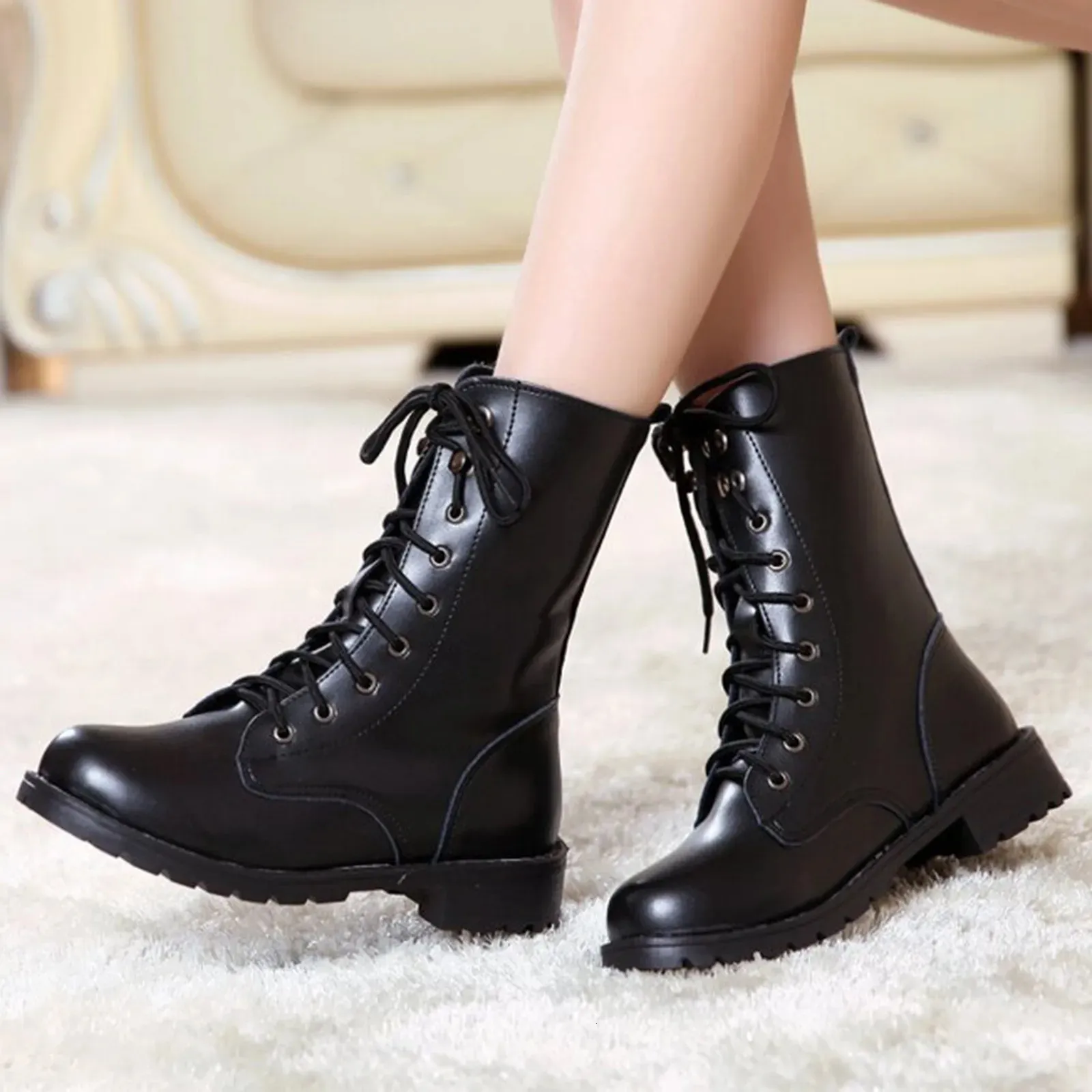 Boots Women's Platform Boots Pointed Toe Shoes Single Shoes Thick Soled Motorcycle Boots Anti-slip Lace-Up Patent Leather Booties 231116