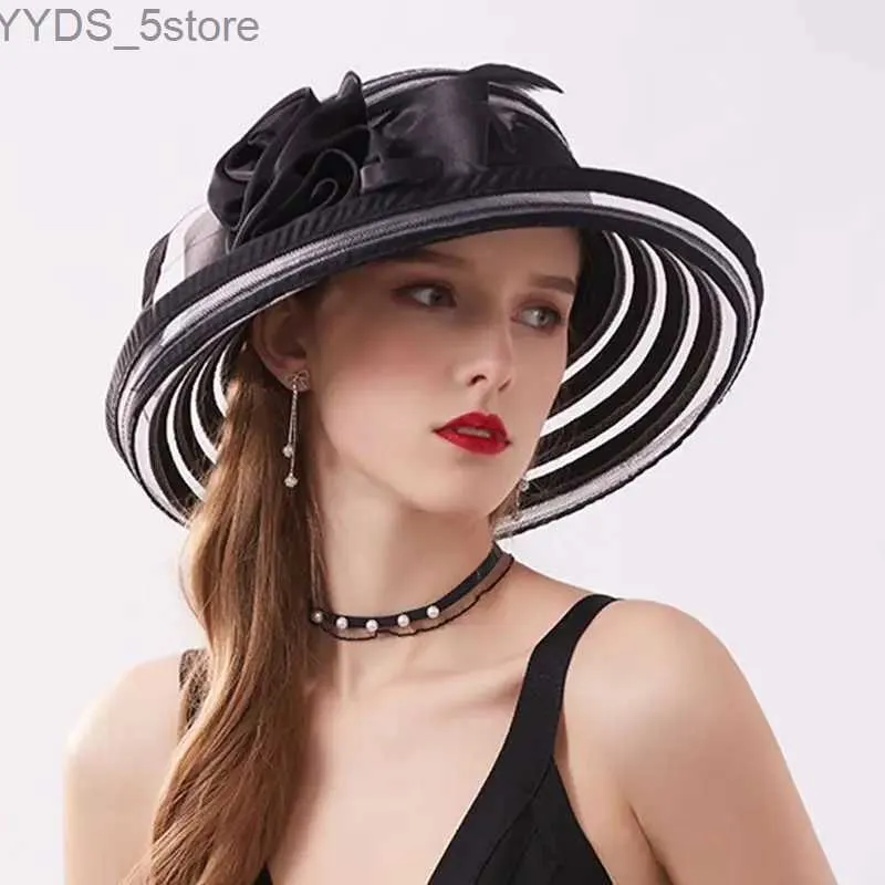 Breite Krempe Hüte Eimer Hüte 2022 Neue Mode Frauen Sommer Organza Anti-UV Sonnenhüte Breite Krempe Blume Fedora Hut elegante Damen Hochzeit Kirche Party Hut YQ231116