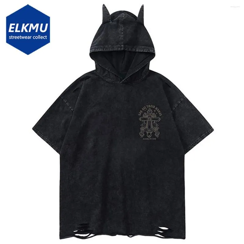 Men's T Shirts Streetwear Hooded Printed Ripped Harajuku Hip Hop T-shirts Men Summer Fashion Devil Horn Oversized Tee Loose Cotton Top