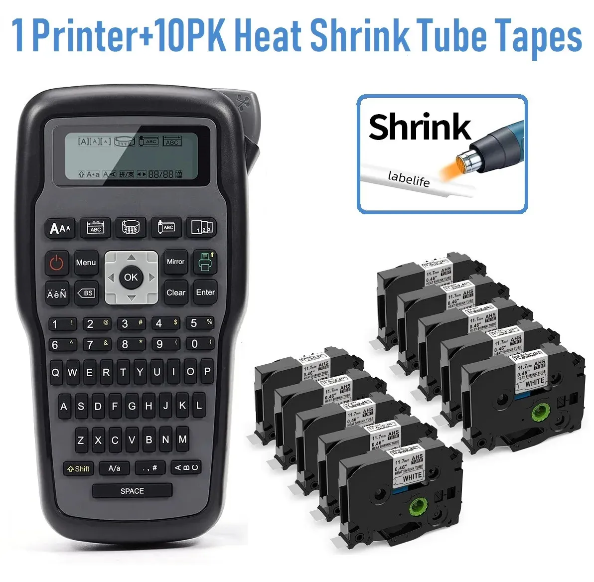 Printerlinten Draagbare industriële labelmaker en 10PK Heat Shink Tube Tapes 12 mm Compatibel voor Brother Label Tape Zwart op Wit Cabel Wrap 231116