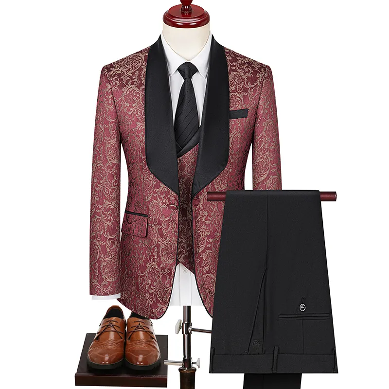 Otoño Invierno Trajes para hombre Nuevo Vestido de novia Jacquard bordado de lujo de alta calidad Novio Blazer Chaleco Pantalones Conjunto de traje de tres piezas Conjunto de traje de boda