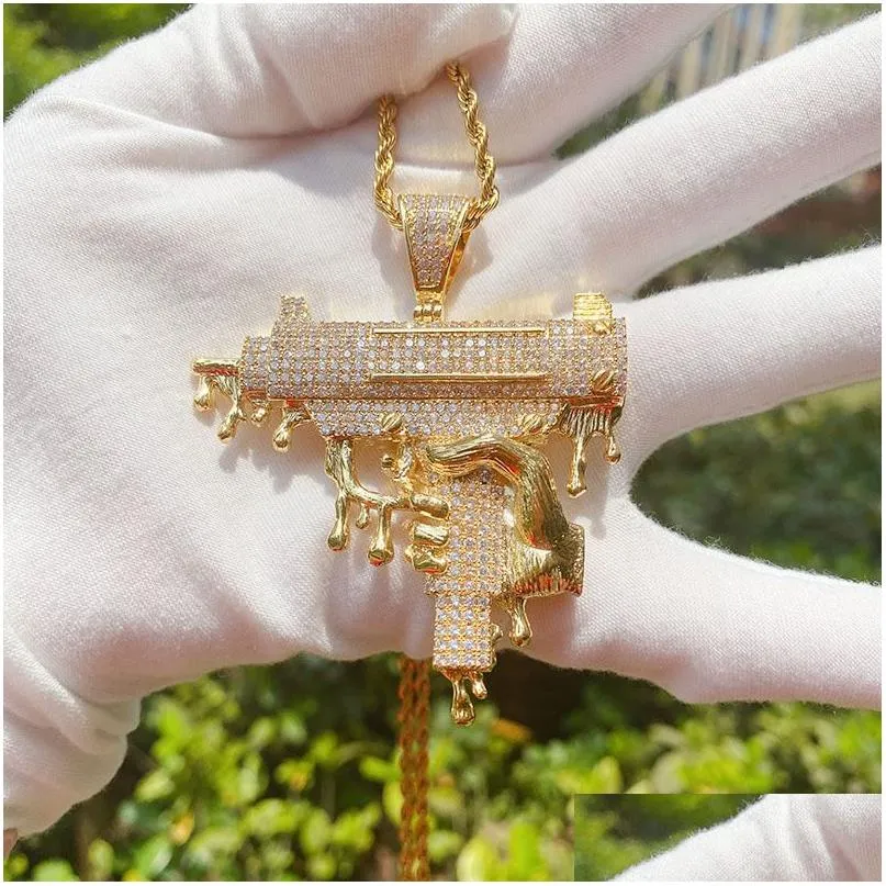 Hänge halsband sier guld pistol fl kubik zirkonia hänge halsband vridna kedja rappare mens hip hop smycken halsband miami hiphop al dh5xm