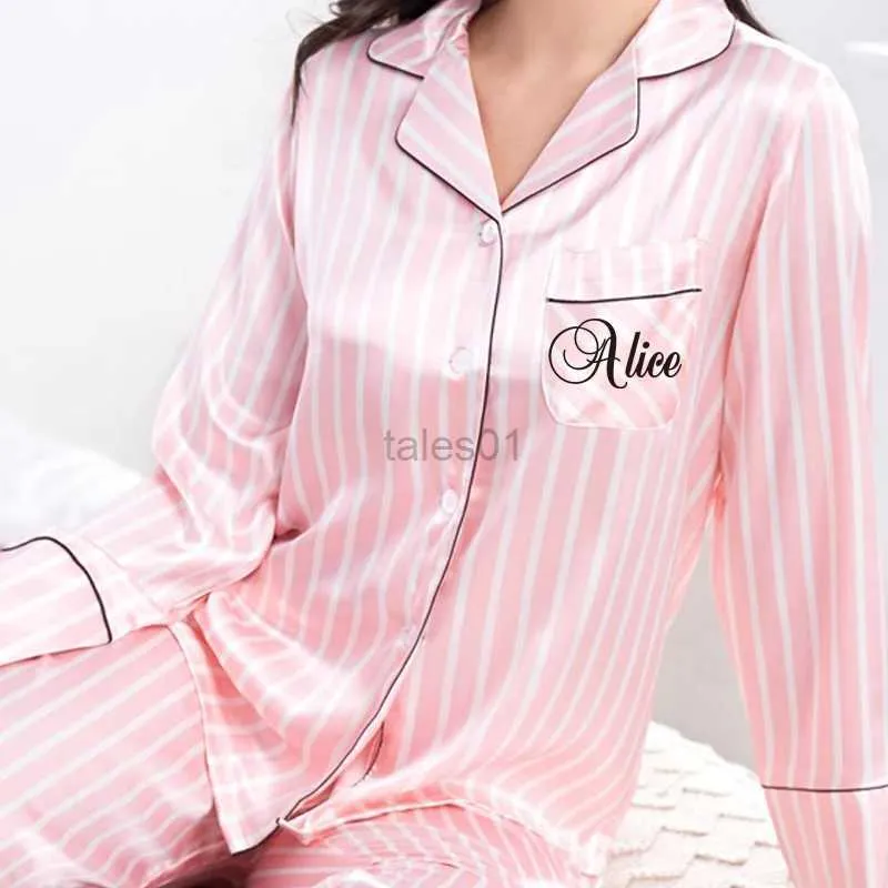 Lounge de sono feminino 2 peças nome personalizado pijamas femininos pijamas de cetim de seda falsa conjunto de manga comprida pijamas terno feminino homewear zln231116